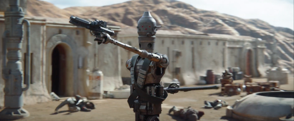IG-11 in the shootout with the Mandalorian on their quest to get the 50-year-old bounty. 